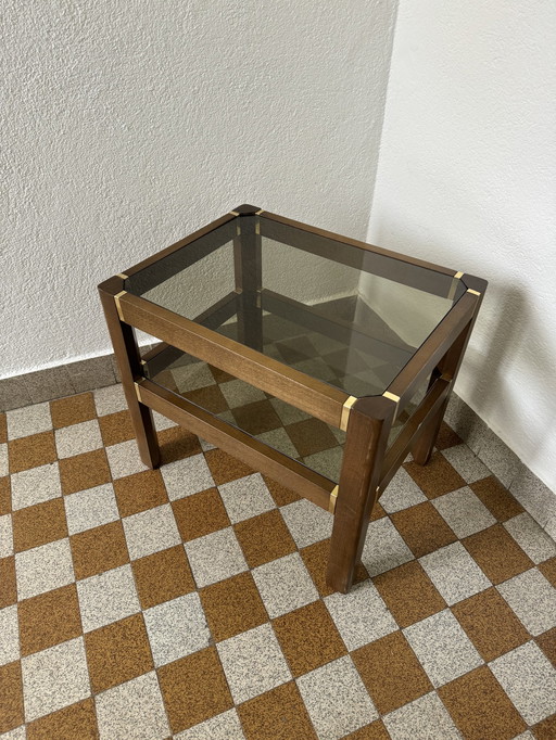 Elm Side Table Smoked Glass Brass 70's