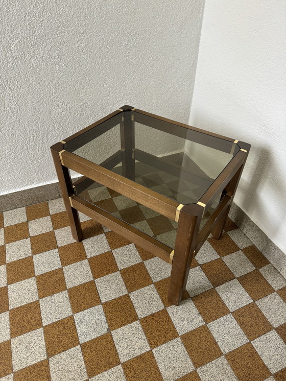 Image 1 of Elm Side Table Smoked Glass Brass 70's