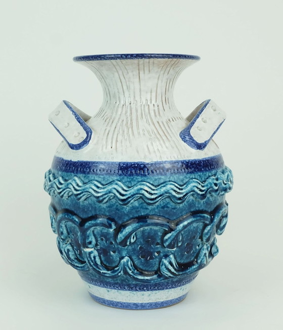 Image 1 of Italian Mid Century Vase Nuovo Rinascimento Relief Decor White Blue Turquoise 