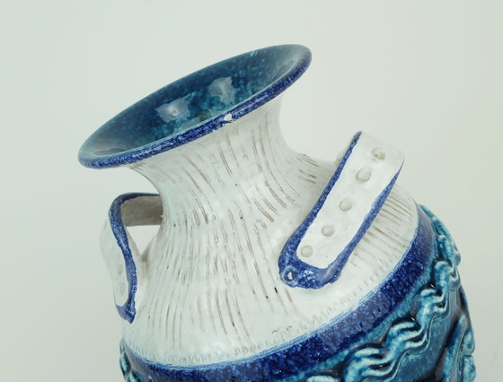 Image 1 of Italian Mid Century Vase Nuovo Rinascimento Relief Decor White Blue Turquoise 