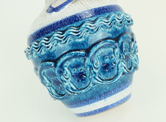 Image 1 of Italian Mid Century Vase Nuovo Rinascimento Relief Decor White Blue Turquoise 