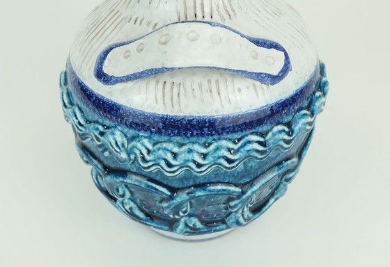 Image 1 of Italian Mid Century Vase Nuovo Rinascimento Relief Decor White Blue Turquoise 