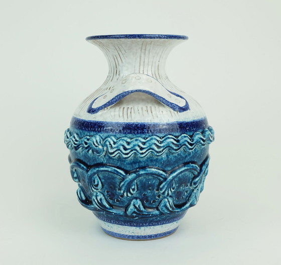 Image 1 of Italian Mid Century Vase Nuovo Rinascimento Relief Decor White Blue Turquoise 