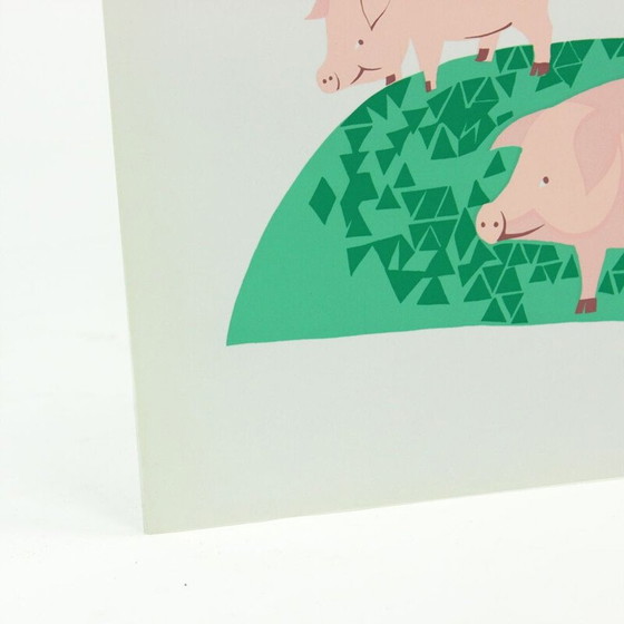Image 1 of Vintage colored plastic wall art Illustration of three pigs, Czechoslovakia 1960