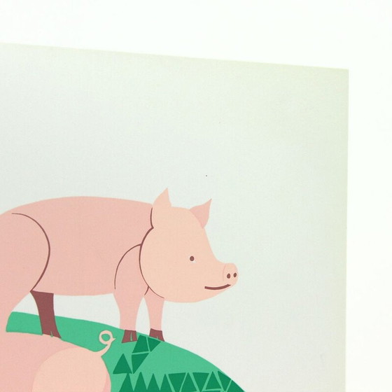 Image 1 of Vintage colored plastic wall art Illustration of three pigs, Czechoslovakia 1960