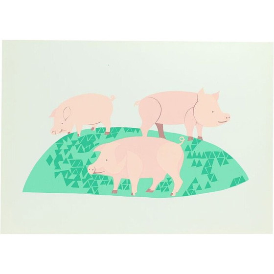 Image 1 of Vintage colored plastic wall art Illustration of three pigs, Czechoslovakia 1960