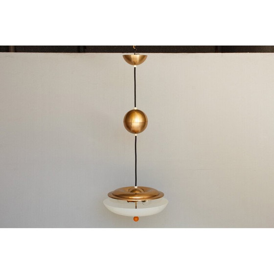 Image 1 of Vintage adjustable glass and brass pendant lamp by Wmf Ikora, 1950