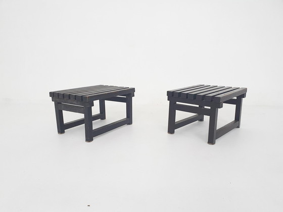 Image 1 of Set Of 2 Dark Brown Wooden Side Tables Or Night Stands, 1970'S