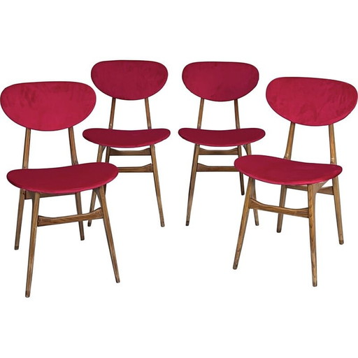 Set of 4 mid-century red velvet and wood dining chairs, Italy 1950s
