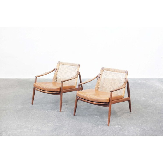 Image 1 of Pair of vintage cane and teak armchairs by Hartmut Lohmeyer for Wilkhahn, Germany 1950s