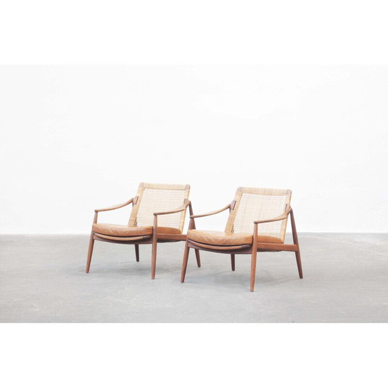 Image 1 of Pair of vintage cane and teak armchairs by Hartmut Lohmeyer for Wilkhahn, Germany 1950s