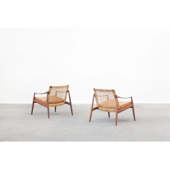 Image 1 of Pair of vintage cane and teak armchairs by Hartmut Lohmeyer for Wilkhahn, Germany 1950s