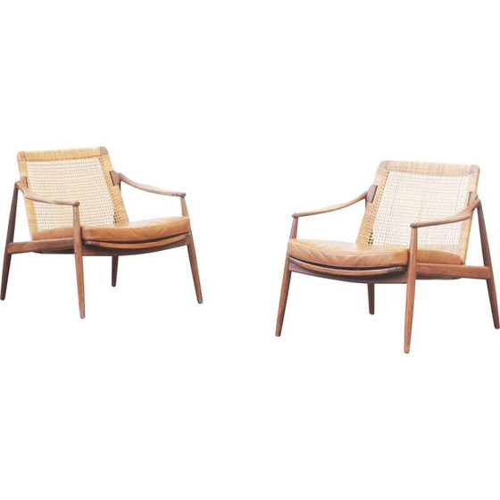 Image 1 of Pair of vintage cane and teak armchairs by Hartmut Lohmeyer for Wilkhahn, Germany 1950s