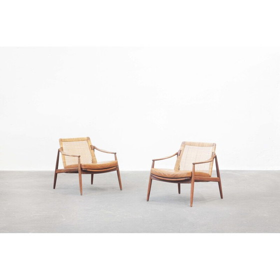 Image 1 of Pair of vintage cane and teak armchairs by Hartmut Lohmeyer for Wilkhahn, Germany 1950s