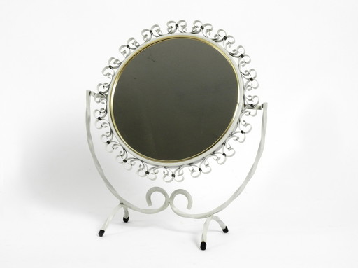 Swiveling Mid Century metal table mirror in white