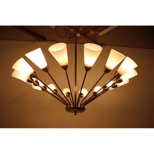 Vintage Glass and Brass Chandelier 1970s