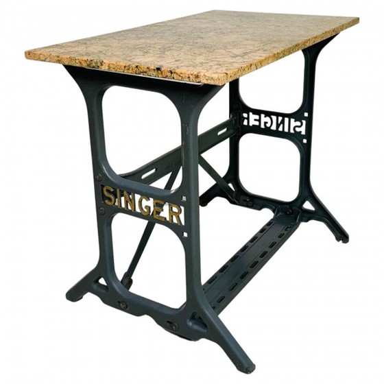 Image 1 of Bistro Table Garden Table with Marble Top, Singer, Cast Iron Frame - 1950s