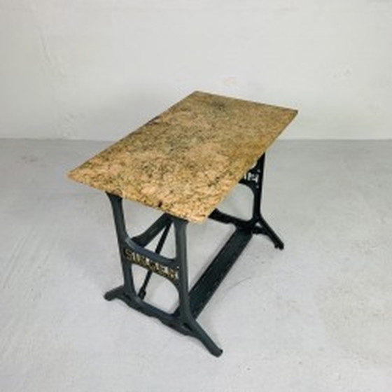 Image 1 of Bistro Table Garden Table with Marble Top, Singer, Cast Iron Frame - 1950s