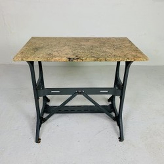 Image 1 of Bistro Table Garden Table with Marble Top, Singer, Cast Iron Frame - 1950s