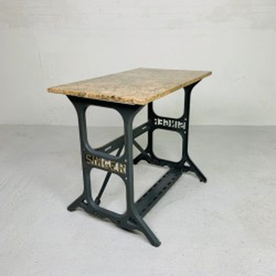 Image 1 of Bistro Table Garden Table with Marble Top, Singer, Cast Iron Frame - 1950s