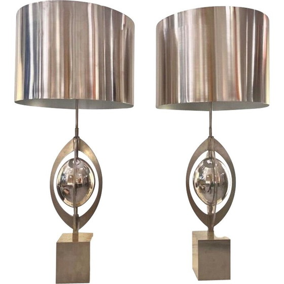 Image 1 of Pair of vintage "Ogive" table lamps in brushed steel for Maison Charles, France 1970