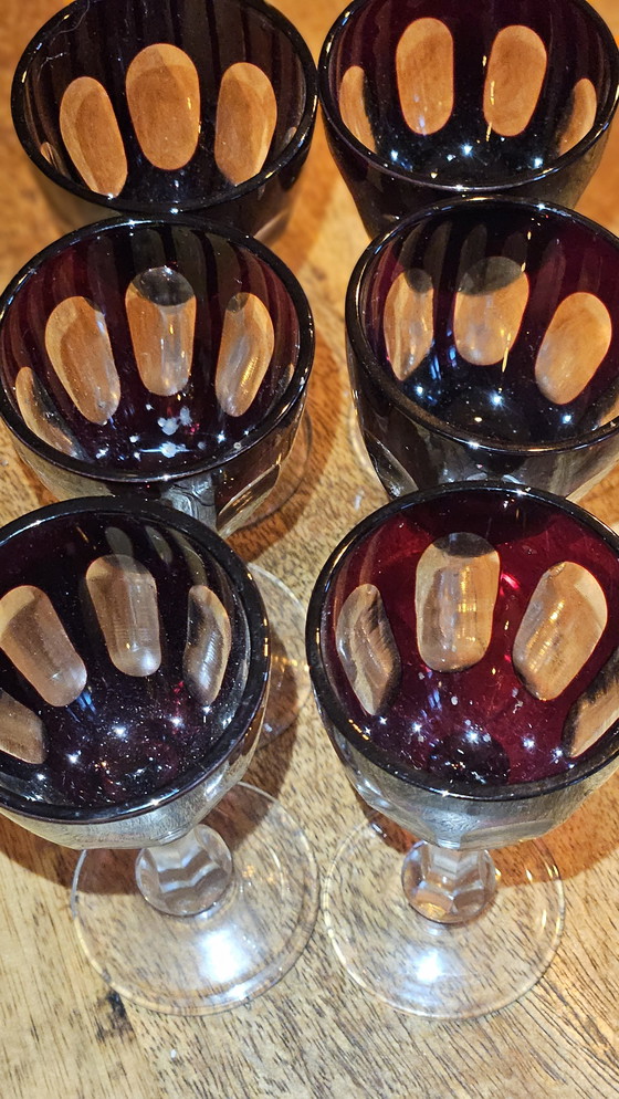 Image 1 of 6 Pieces Cut To Clear Ruby Red Shot glasses