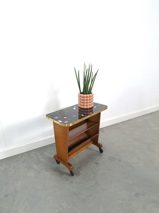 Image 1 of Side table with magazine basket and checkered formica top