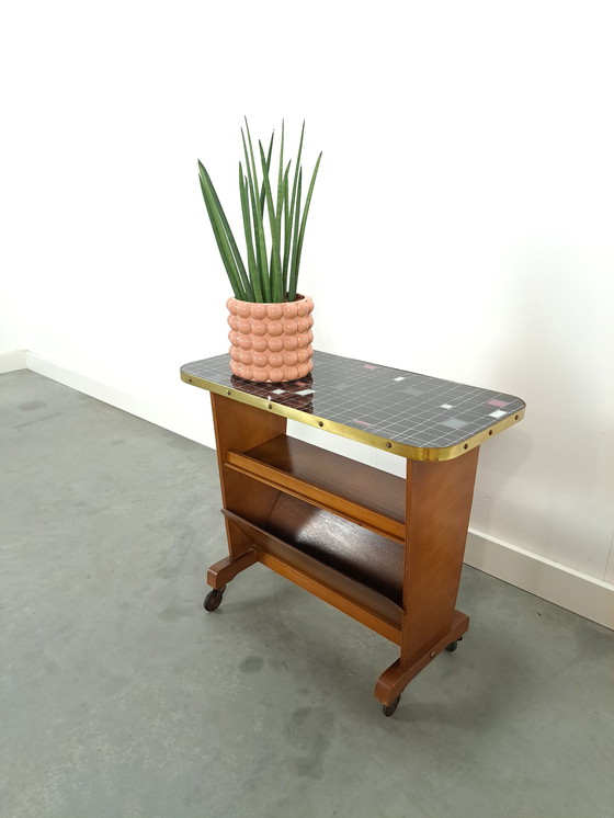 Image 1 of Side table with magazine basket and checkered formica top