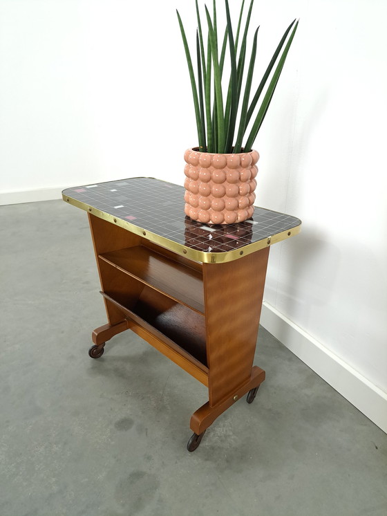 Image 1 of Side table with magazine basket and checkered formica top