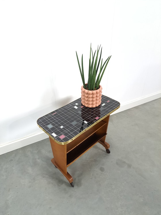 Image 1 of Side table with magazine basket and checkered formica top