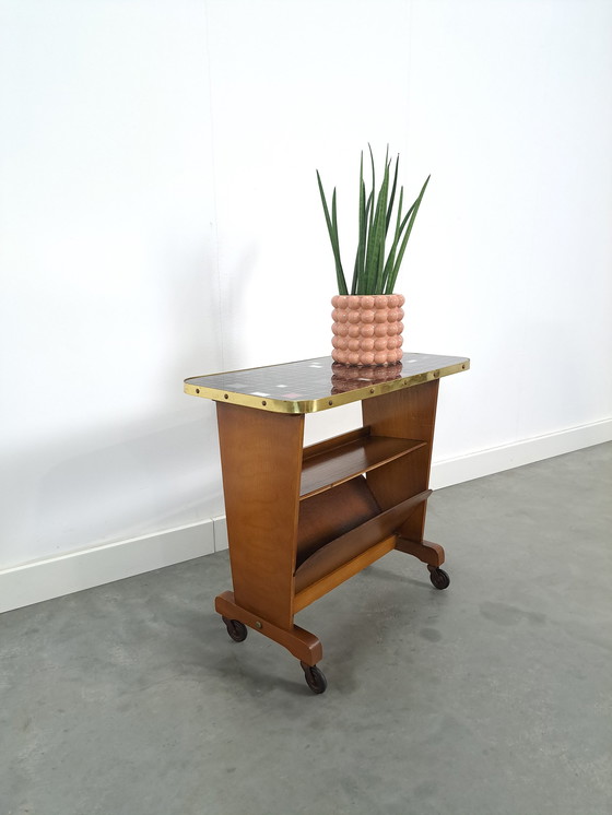 Image 1 of Side table with magazine basket and checkered formica top