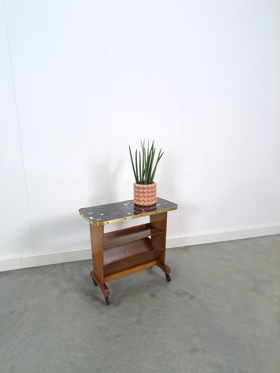 Image 1 of Side table with magazine basket and checkered formica top