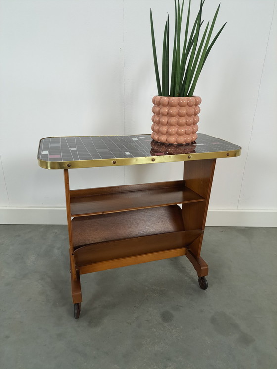 Image 1 of Side table with magazine basket and checkered formica top