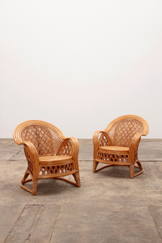 Image 1 of Ensemble de 2 chaises en bambou de style bohème français 1960.