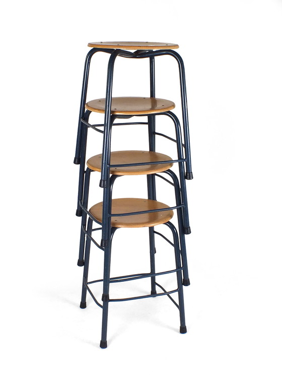 Image 1 of 4x Presikhaaf stools with blue metal frame