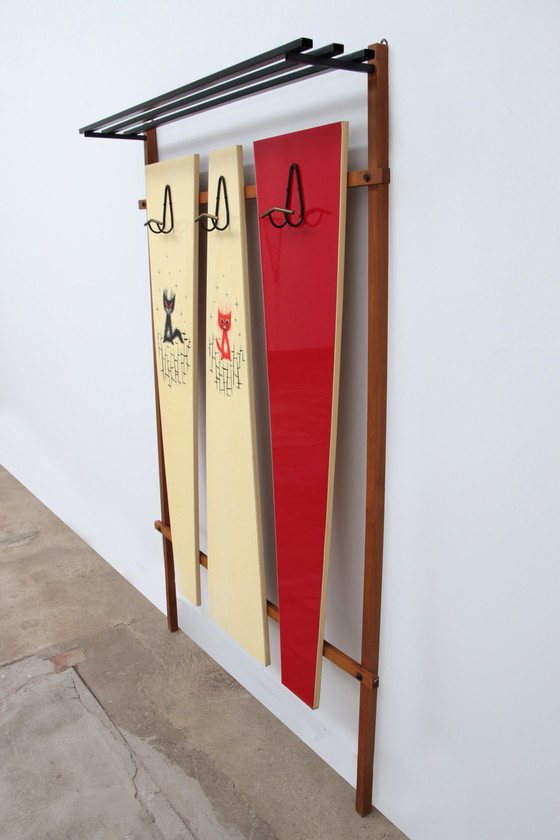 Image 1 of Italian wall coat rack with red cats, cream and hat rack, 1960