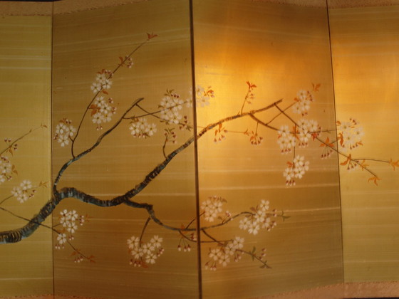 Image 1 of Japanese Byobu screen silk with handpainted cherryblossom