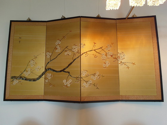 Image 1 of Japanese Byobu screen silk with handpainted cherryblossom