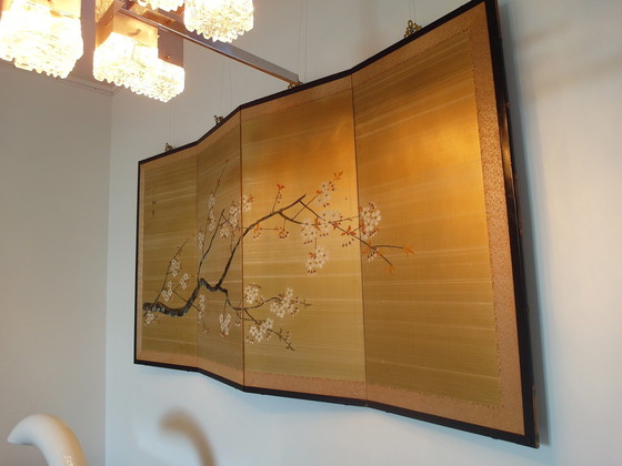 Image 1 of Japanese Byobu screen silk with handpainted cherryblossom