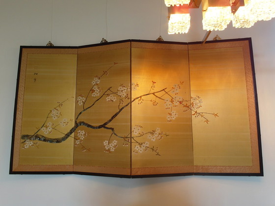 Image 1 of Japanese Byobu screen silk with handpainted cherryblossom