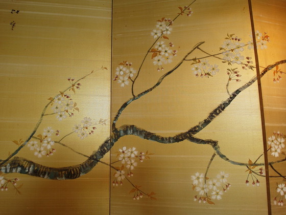 Image 1 of Japanese Byobu screen silk with handpainted cherryblossom