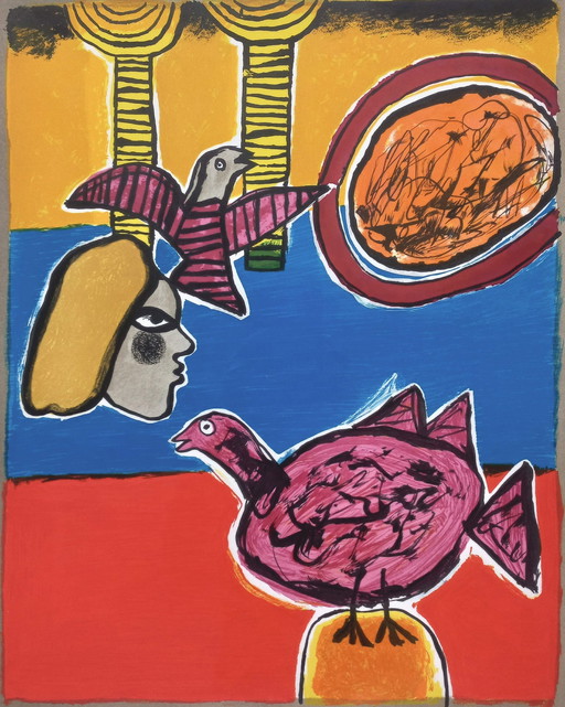 Corneille - Femme Et Deux Oiseaux, Screenprint (Beautifully Framed)