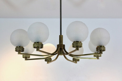 French Brass and Frozen Glass Chandelier