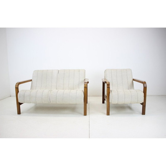 Image 1 of Pair of vintage sofas in fabric and wood, Czechoslovakia 1970