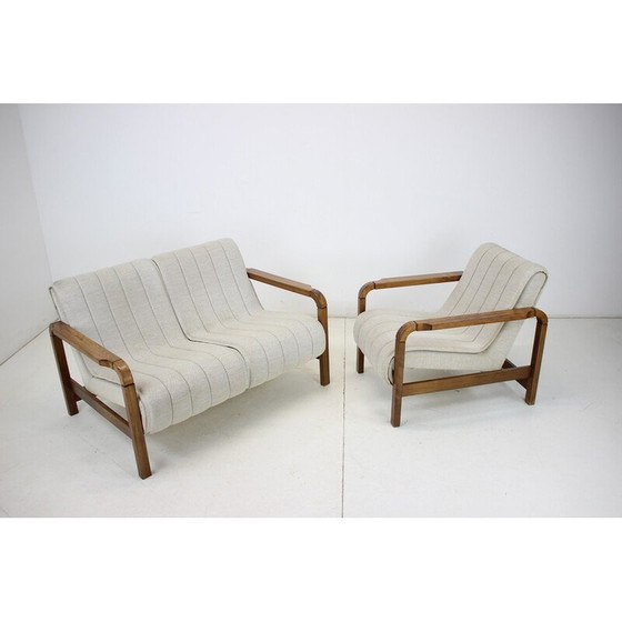 Image 1 of Pair of vintage sofas in fabric and wood, Czechoslovakia 1970
