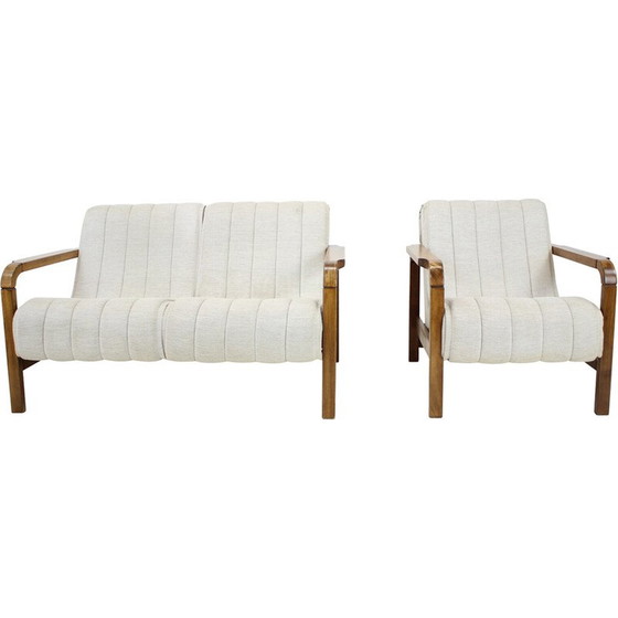 Image 1 of Pair of vintage sofas in fabric and wood, Czechoslovakia 1970