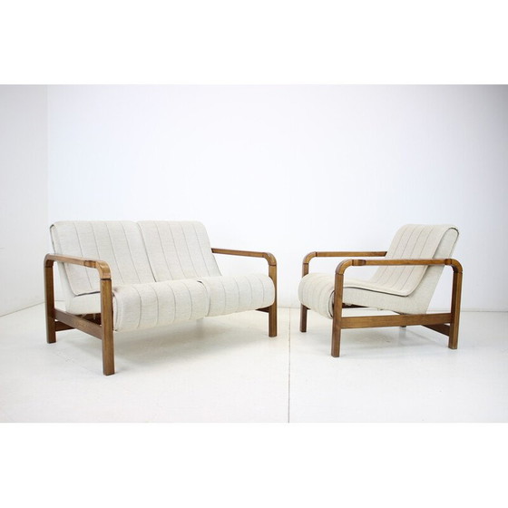 Image 1 of Pair of vintage sofas in fabric and wood, Czechoslovakia 1970