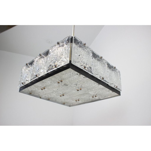 Vintage art glass and brass chandelier by Kamenicky Senov, Czechoslovakia 1970s