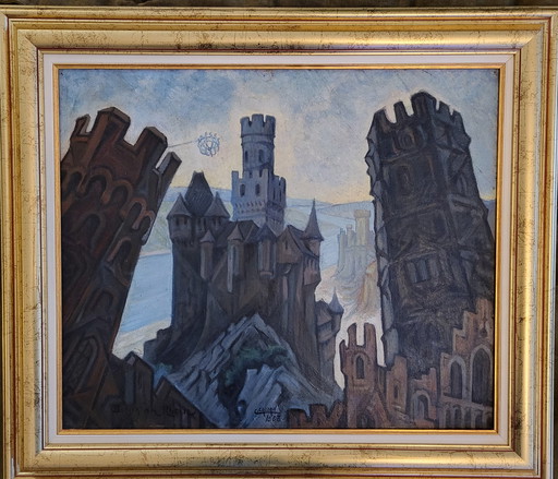 Painting Signed Colbert Cassan,Castle,Burgen Am Rbein