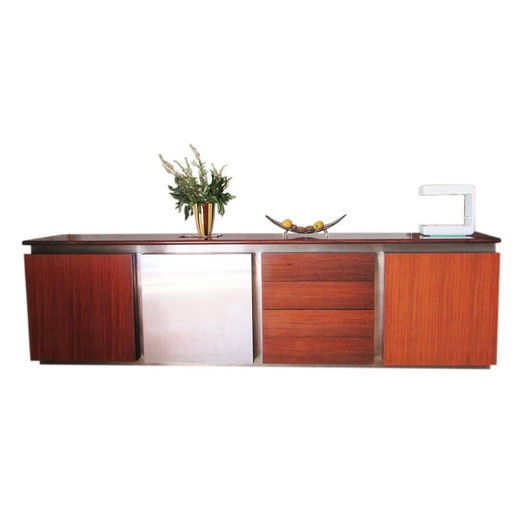 Modular Acerbis sideboard in mahogany and inox, Giotto STOPPINO - 1977